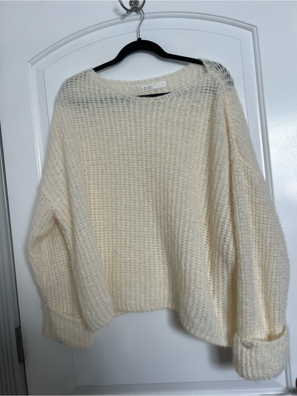 OAK + FORT Cream Open-Knit Scoop Neck Sweater with Subtle Metallic